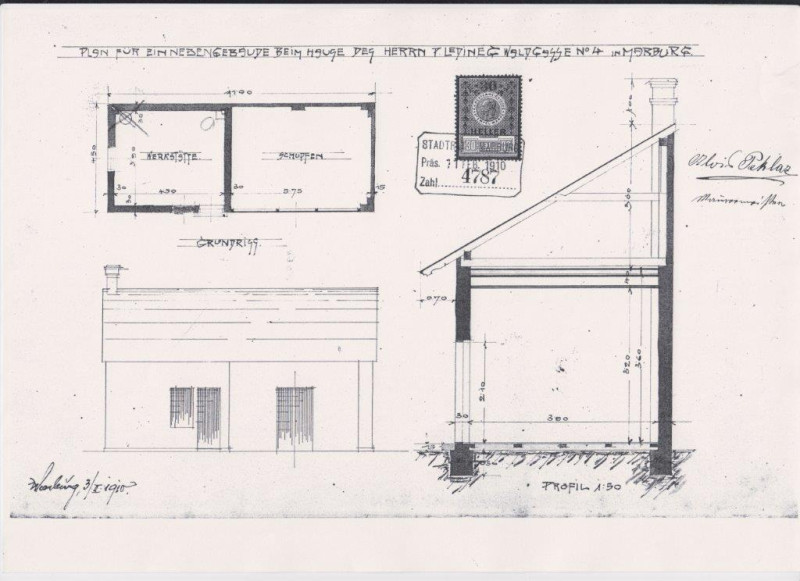 Строительный чертеж дома и мастерской, источник: местный архив г. Марибор